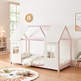[en.casa] Kinderbett Tostedt Hausbett Jugendbett Bettenhaus Spielbett Halboffenes Design Montessori Bett aus massiver Kiefer Bettgestell Holz 90x200cm Rosa/Weiß