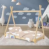 ML-Design Kinderbett Tipi 70 x 140 cm mit Lattenrost, Natur, Indianer Bett aus massivem Kiefernholz, Hausbett für Mädchen und Jungen, Bodenbett Kinderhaus Jugendbett Holzbett Bettenhaus Spielbett Zelt
