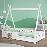 ML-Design Kinderbett Tipi 80x160 cm Weiß mit Rausfallschutz und Lattenrost, aus Kiefernholz massiv, Indianer Bett für Mädchen/Jungen, Hausbett mit Zaun, Bodenbett Kinderhaus Jugendbett Spielbett Zelt