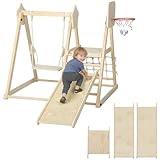 AIYAPLAY 5-in-1 Klettergerüst Montessori Indoor Holz Kletterdreieck mit Rutsche, Schaukel, Kletternetz und -Brett, Basketballkorb, Klappbar Spielplatz für Kinder von 3-6 Jahren, Natur