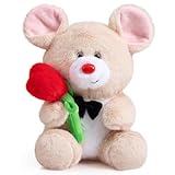 BEJOY Plüsch Maus Teddy, Flauschiger Kuscheltier mit Herz Rose, Plüschtiere Ratte Liebe Valentinstag Spielzeug, Plüshie Stofftier Spielzeug Geschenke für Freundin Kinder Geburtstag, Valentinstag