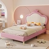 Merax Kinderbett Polsterbett 90x200, Bettgestell für Mädchen, Kopfteil mit Krone, Bettfüße aus Metall, Elegantes gepolstertes Kopfteilprofil, Einzelbett, PU, Rosa+Weiß, 90x200cm(ohne Matratze)