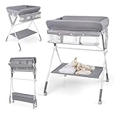 COSTWAY 3 in 1 Wickeltisch klappbar, mobile Wickelkommode mit Rollen, Wickelstation höhenverstellbar mit Mülleimer & Aufbewahrungskorb, tragbare Wickelauflage bis 11 kg Belastbar (Grau)