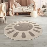 TT Home Kinderteppich Kinderzimmer Teppich Spielteppich Kurzflor Sonne Flauschig 3D, Farbe:Dunkelbeige Creme, Größe:120 cm Rund
