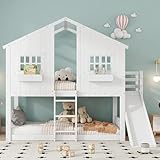 I0I&I0I Kinder-Etagenbett 90x200cm mit Rutsche, Dach, Fenstern, Fallschutzgitter, Leiter, Flexibler Nutzung, Kiefer+MDF,EN747-zertifiziert – Spielbett für Sicheres und Kreatives Kinderzimmer (Weiß)