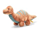 Steiff 087837 - Original Plüschtier Bronko Brontosaurus, Soft Cuddly Friends Kuscheltier ca. 28 cm, Markenplüsch mit Knopf im Ohr, Schmusefreund für Babys 0m+, dunkelorange-Petrol