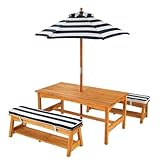 KidKraft Gartentisch mit Bank, Kissen und Sonnenschirm für Kinder, Outdoor Gartenmöbel aus Holz für Kinder, Marineblau-Weiß gestreift, 106