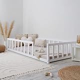 Homestyle4u Kinderbett Weiß mit Rausfallschutz 90x200 cm Bodenbett Montessori Bett Lattenrost Kleinkindbett Kinderzimmer