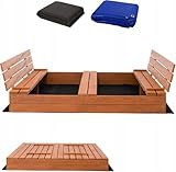SunWood Sandkasten 100x100 cm Imprägniert Premium Sandbox mit Abdeckung Sitzbänken Deckel Plane Sandkiste Holz Kiefer Sandkastenvlies Amber-Imprägniert
