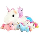 SQEQE Niedliche Einhorn Stofftiere mit 4 Baby Einhorn Plüschtiere in ihrem Bauch, Regenbogen Fliegendes Einhorn Plüschkissen Spielzeug mit Flügeln, Valentinstag Geburtstagsgeschenke für Jungen Mädchen