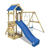 WICKEY Spielturm Klettergerüst FreeFlyer mit Schaukel & blauer Rutsche, Outdoor Kinder Kletterturm mit Sandkasten, Leiter & Spiel-Zubehör für den Garten