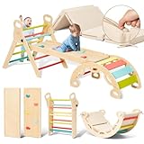 Giant bean 5-in-1 Montessori Kletterdreieck mit Kletterbogen und Rutsche, Holzdreieck für Kleinkinder ab 1-3, Indoor Kletterspielzeug, Regenbogen mit Kissen, S
