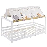 LEADZM Kinderbett Bodenbett Mit Stoffhimmel Hausbett Kinder inkl.mit Rausfallschutz und Lattenrost Jugendbett Holzbett Montessori Bodenbett (Weiß, 90x200cm)