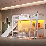 Lcoho Hochbett, Einzelbett, Kinderbett (Ohne Matratze), mit LED-Leuchten, mit Regalen, mit Rutsche, EN747 Zertifiziert, Kiefernholz, 90x200cm, Weiß