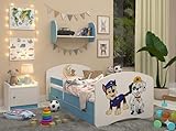 Happy Babies Kinderbett - mit Rausfallschutz Junge 140x70 Bett für Kinderzimmer mit Schublade & Matratze Einzelbett für Kinder Weiß/Blau HundemotivBlau