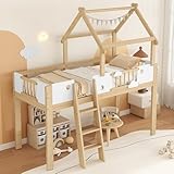 Merax Hochbett 90x200cm für Kinder, Etagenbett Kinderbett mit Fallschutz & Lattenrost, Hausbett mit Dreistufige Schrägleiter, Einzigartiges Dachdesign, Platzsparendes Stockbett, Kiefer+MDF, Natur&Weiß