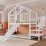 Jumua Etagenbett Kinderbett 90x200 cm, Hausbett mit Rutsche und Treppe, Hochbett mit 1x Lattenrost und Fensterverkleidung, Holzbett Kinderbett mit Rausfallschutz, Weiß, Ohne Matratze