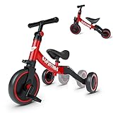 besrey 5 in 1 Laufräder Laufrad Kinderdreirad Dreirad Lauffahrrad Lauflernhilfe für Kinder ab 1 Jahre bis 4 Jahren - Rot
