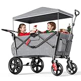 EVER ADVANCED Bollerwagen für 2 Kinder Faltbar mit Dach, Kinderwagen 2x5 Punkt Sicherheitsgurt mit Wickelrucksack, Bollerwagen mit Sitz, Handwagen Transportwagen, Ziehen & Schieben, Fußbremse