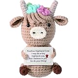Gehäkelte Kuscheltiere, Hochlandrind Kuscheltier, Highland Cow, Emotional Support, Strickpuppe Mit Positiver Karte Erhebendes Strickspielzeug Geschenk für Freunde Familie Party-Dekoration