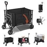 3 in 1 Bollerwagen Faltbar, 220lbs Klappbar Handwagen mit Rädern, 120L Transportwagen Faltbar, Umbaubar in Eine Bank, Einkaufstrolley Klappbar Allzweckwagen für Camping Garten Strand Sport, Schwarz