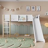 NovaFurnish Hochbett, Etagenbett mit dreistufiger gerader Leiter, Kinderbett, Jugendbett mit Rutsche, mit abnehmbarem Regal, Kiefer+MDF, Weiß+Natur, 90x200cm