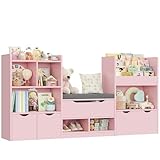FOREHILL 183cm Breit Kinderregal mit Sitzbank, Kinderzimmer Möbel mit 3 Aufbewahrungsboxen für Spielzeug Bücherregal für Kinder mit 3 Ebenen, Regal für Kinderzimmer Leseecke 183,5x94,5x29,8 cm Rosa