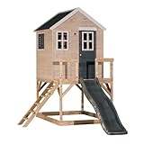 Wendi Toys M22G Outdoor Spielhaus Kinder Holz mit Plattform und Kunststoffrutsche, 3 Fenstern, 290x200x242 cm,Grau – Gartenspielhaus, Kinderspielhaus Holz für Garten, wetterfestes Outdoor-Spiel