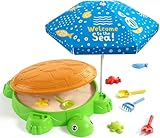 HYES Schildkröten Sandkasten mit Abdeckung, Sandboxen mit Sonnenschirm, 8 PCS Sandschaufel Strandspielzeug, Sandkasten mit Deckel, Sandspielzeug Gartenspielzeug Sommerspielzeug für Kinder 3-5