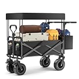 Tawxot 100L Bollerwagen faltbar mit Dach, Gartenwagen klappbar bis 100kg Tragkraft, 600D Oxford-Gewebe, Verstellbarer Griff, Handwagen für Alle Gelände, Draussen Camping Einkaufen (Schwarz)