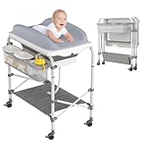 FIVMEN Wickelkommode Baby Mobile Klappbare Wickeltisch mit Rollen Wickelkombi mit Ablagefächern und Wasserbecken Baby Changing Table 50 kg Tragfähigkeit, Grau