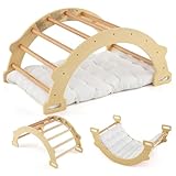 DREAMADE 2 in 1 Kletterbogen mit Kissen, Bogenwippe aus Holz, Holzwippe zum Klettern, Klettergerüst Indoor Kletterdreieck für Kinder ab 3 Jahren (Natur)