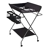 Klappbare Wickelkommode, Mobiler Wickeltisch mit 3 Ablagefächern Baby Wickelkombi für Kleinkinder, Platzsparend und Stabil (Schwarz)