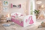 Happy Babies Kinderbett Happy Kinderbett mit Rausfallschutz und Bettschublade Bett für Mädchen 160x80 mit Matratze 80 x 160 Weiß Rose Bett Prinzessin