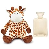Cyiecweu Wärmflasche mit Bezug Tier, 1 Liter abnehmbar und Waschbar Giraffe Wärmflasche kuscheltier zur Linderung von Schmerzen und Fieber Kinder Giraffe Handwärmer Bauch Rücken Weihnachtsgeschenke