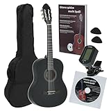 Juan Miguel Navarrez Konzertgitarre, klassische Gitarre, 3/4 schwarz, Starter Set (inkl. Tasche, Plektren, Buch mit CD, Stimmgerät)