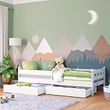 Bellabino Kuru Kinderbett 90x200 cm – Jugendbett mit 2 Schubladen - Kinder Bett mit Rausfallschutz & Lattenrost – Einzelbett für Jungen und Mädchen für Kinderzimmer – Kids Bed mit Stauraum in Weiß