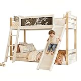 Azkoeesy Etagenbett mit Treppe und Rutsch für 2 Kinder und Jugendliche - 90x200 cm - Stockbett mit Lattenrost und Kreidetafel - bis 120kg, weiß und Natur