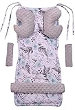 Medi Partners Sitzauflage Kinderwagen Buggy Baby Sommer Kindersitz Einlage Universal - 5tgl Gurtpolster + Spielbogen Kinderwagenset Babyschale (Blument mit grauen Minky)