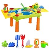 deAO Sand und Wasser Outdoor Aktivitäten Spieltisch für Kinder mit Doppelfach, Deckel und über 10 Zubehör, Multicolor, 100 x 48 x 46 Centimeters