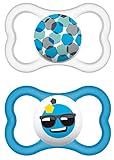 MAM Air Latex Schnuller im 2er-Set, extra leichtes und luftiges Schilddesign, zahnfreundlicher Baby Schnuller aus Naturkautschuk mit Schnullerbox, 16+ Monate blau-smiley