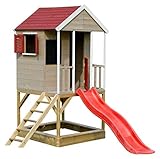 Wendi Toys M7R Spielhaus Kinder Outdoor Holz mit Plattform, Rutsche, Sandkasten, Tafel & Spielzeugablage, 280x200x242 cm, Rot – Kinderspielhaus mit Rutsche, Kinder Gartenhaus aus FSC-Holz