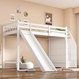 Soweiz Kinderbett, 90x200cm, Hochbett mit Rutsche, Ablageleiter, Leiterposition optional, Loft Safe Design, Robuste Konstruktion,weiß