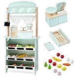 mamabrum 2-in-1 Kaufladen & Theater-Set, Holz-Marktstand mit Waage & Bezahlterminal, 16-teilbares Obst & Gemüse, Vorhang & Kreidetafel - Spielset für Kinder (21 Teile)
