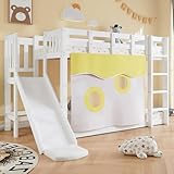 Mrwoo Kinderbett 90x200 cm, Etagenbett mit Rutsche, Hochbett mit Dreistufige Treppe und Rausfallschutz Geländer, Geeignet für Kinder und Jugendliche, Holzlatten (Ohne Matratze) (Weiß)