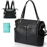 MISS FONG Wickelrucksack Wickeltasche Leder, Baby Rucksack Wickelrucksack Große Kapazität Mit 13 Wickeltasche Organizer, Wickelunterlage für Mama & Papa Wasserdichter Rucksack-Schwarz