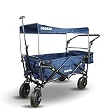 FROSAL Bollerwagen Nick PRO faltbar mit Bremse Dach blau klappbar | Schiebegriff | Luftreifen | Lufträder Ideal für Strand Wald & Feldwege