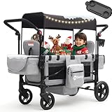 Sekey Bollerwagen Kinder Zwillingsmodus, Bollerwagen Faltbar mit Dach 2 Kinder, Duo Schiebegriff Kinderwagen Doppelsitz mit 2 integrierten 5-Punkt-Gurtsystem, Zwillingskinderwagen (Grau, Premium)