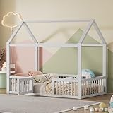 Kinderbett Hausbett 90x200, Bodenbett mit Tür inkl. Rausfallschutz und Lattenrost, Massivholz Gitterbett Montessori Bett Babybett Holzbett für Kinder, Einzelbett Bettgestell für Jungen Mädchen, Weiß