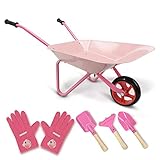 Hortem 5PCS Kinder Schubkarre Set, Metallkonstruktion Radlauf und Gartengeräte, Gartenhandschuh, Geschenke für (Pink)